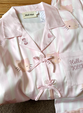 侘町2025年新款黑皮kitty脑袋短袖冰丝睡衣女夏季卡通家居服套装