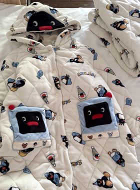 侘町2025冬季新款pingu睡袍三层夹棉睡衣女秋冬款加绒加厚家居服