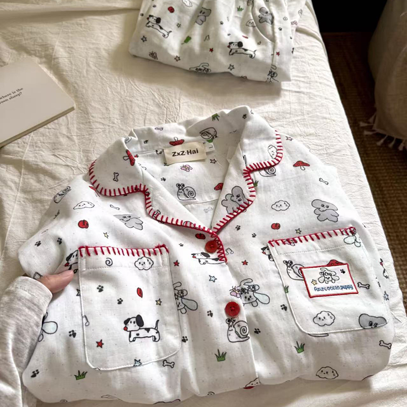 侘町2025年春秋季新款涂鸦线条小狗纯棉睡衣女长袖卡通家居服套装