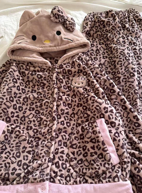 侘町2025新款黑皮豹纹Kitty冬季法兰绒加厚保暖睡衣套装女家居服