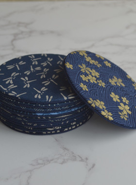 深蓝色系 圆形夹棉杯垫 手工布艺茶杯垫 茶垫 加厚隔热垫