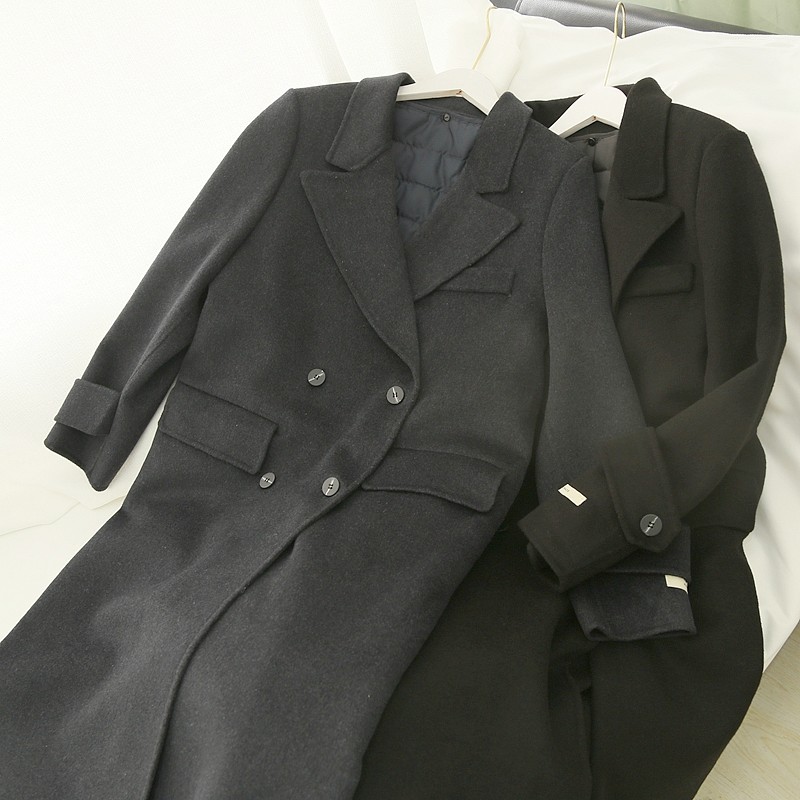 韩国手工缝制handmade夹棉加厚双面手缝羊绒大衣毛呢外套长款特价