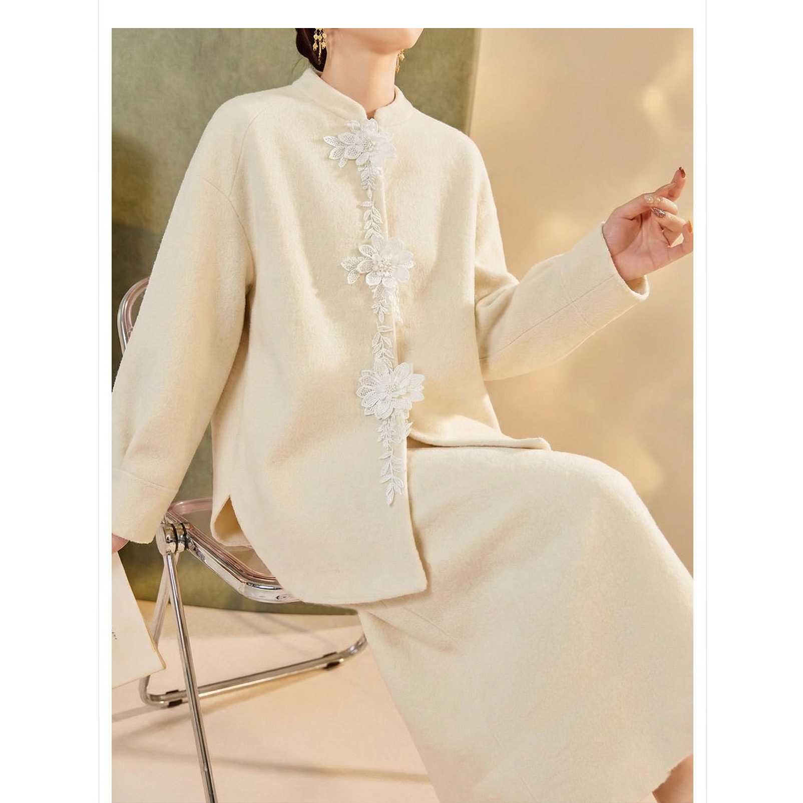 2026春装新款 轻奢新中式国风立体花朵纯色时尚羊毛呢外套大衣