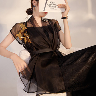 2025新款 轻奢新中式国风亮片刺绣网纱100%桑蚕丝黑色外搭上衣