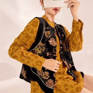 2025秋装新款 轻奢新中式重工黑色亮片刺绣改良唐装马夹外套马甲
