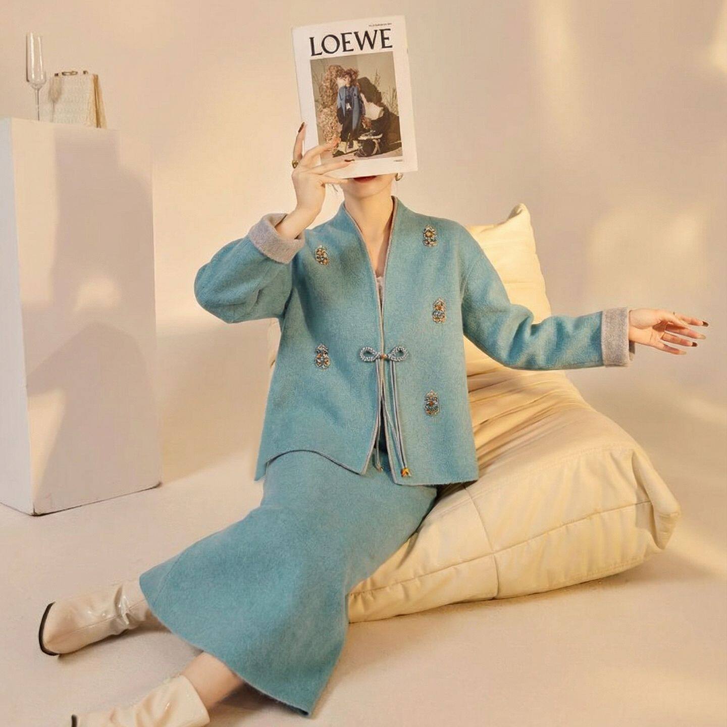 2025冬装新款轻奢新中式国风钉珠刺绣高端双面羊毛呢外套半裙套装