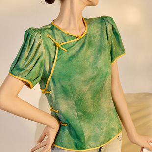 2025夏装新款 轻奢新中式印花时尚修身圆领盘扣改良唐装衬衫上衣