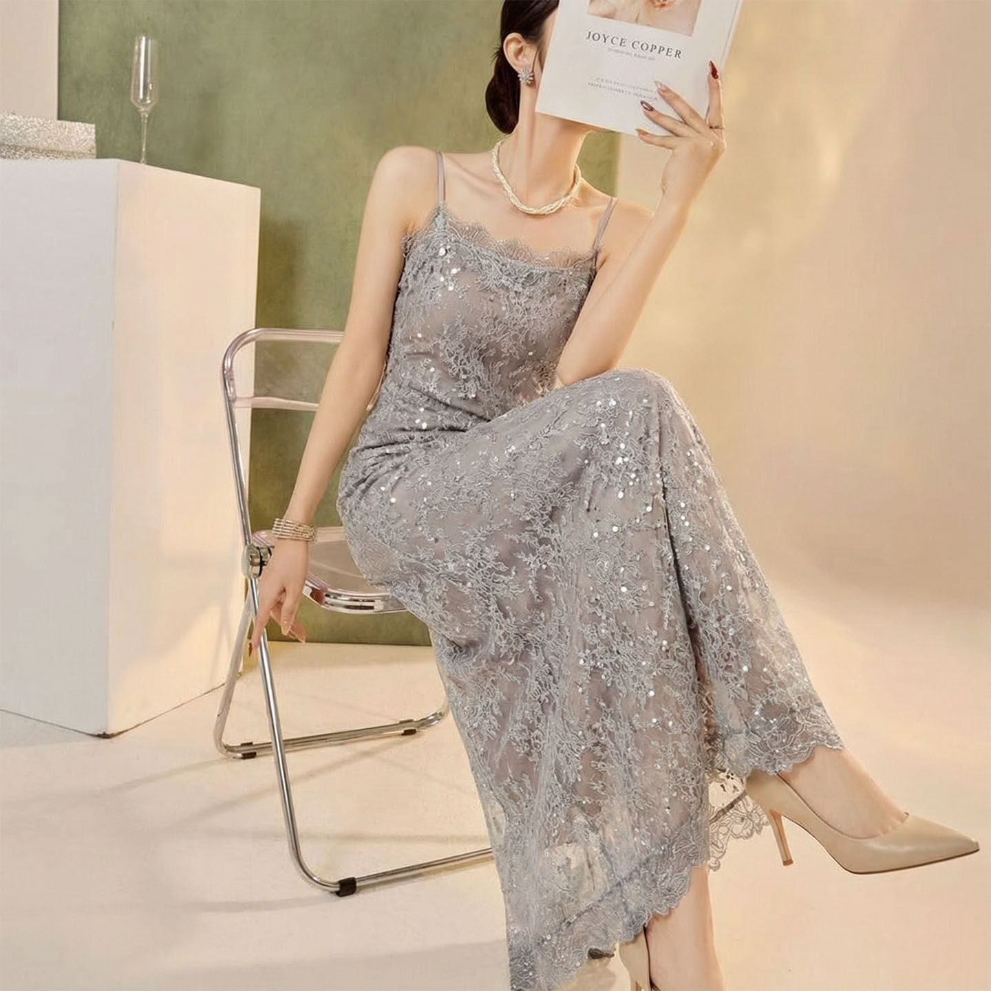 2026春夏装新款 轻奢新中式重工亮片蕾丝吊带裙连衣裙礼服长裙