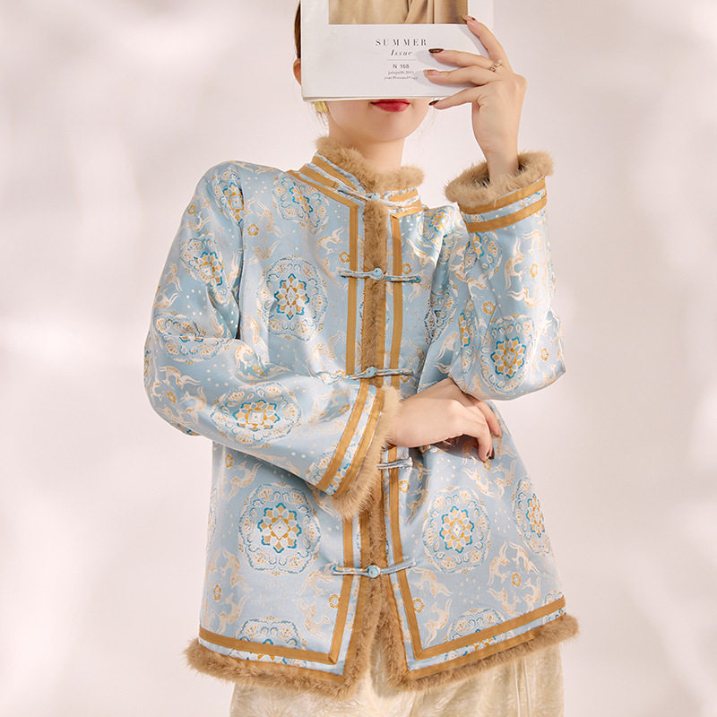 2025冬装新款轻奢新中式国风缎面刺绣水貂毛长袖改良唐装棉服外套