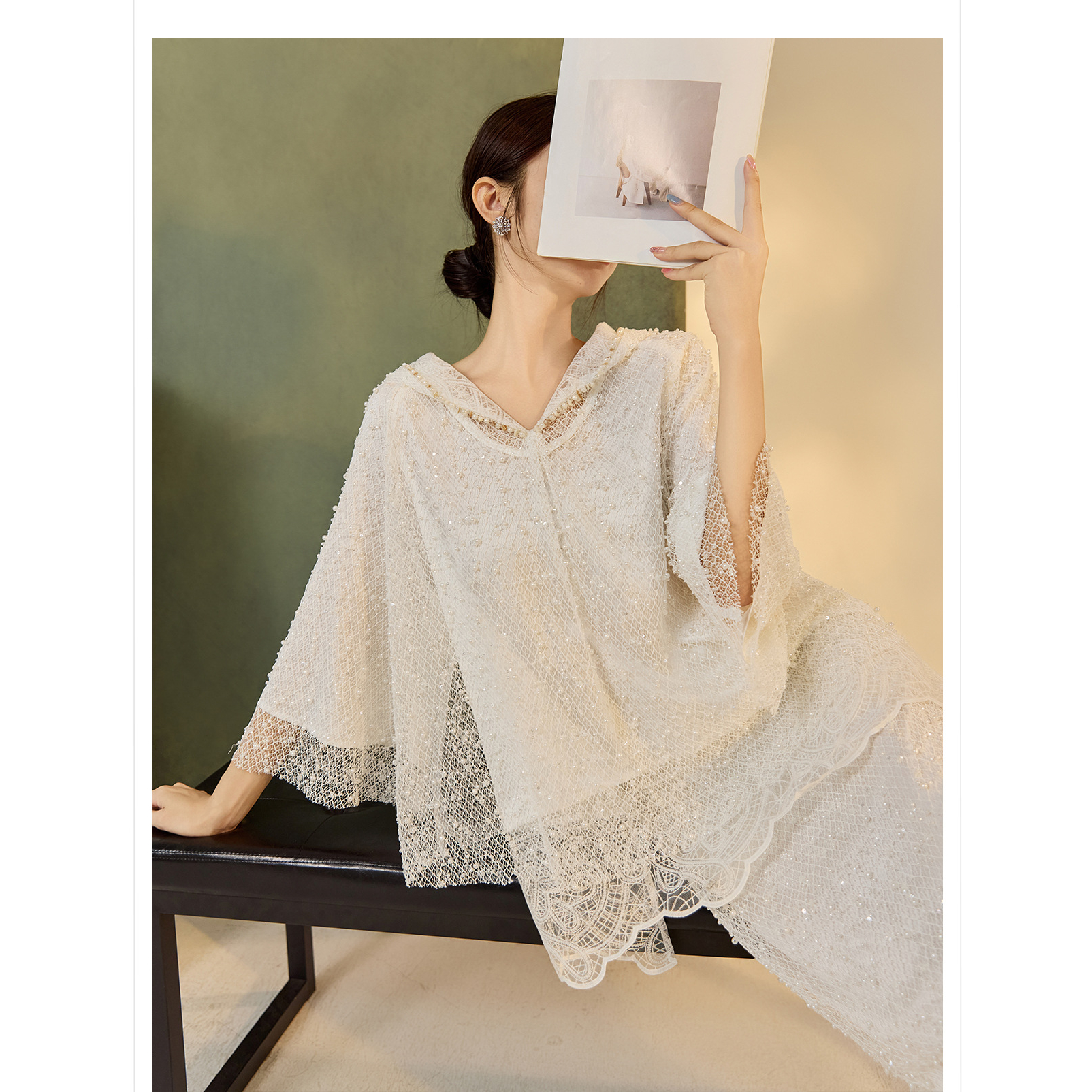 2025新款 轻奢新中式国风钉珠宽松连帽杏色外套上衣长长裙套装