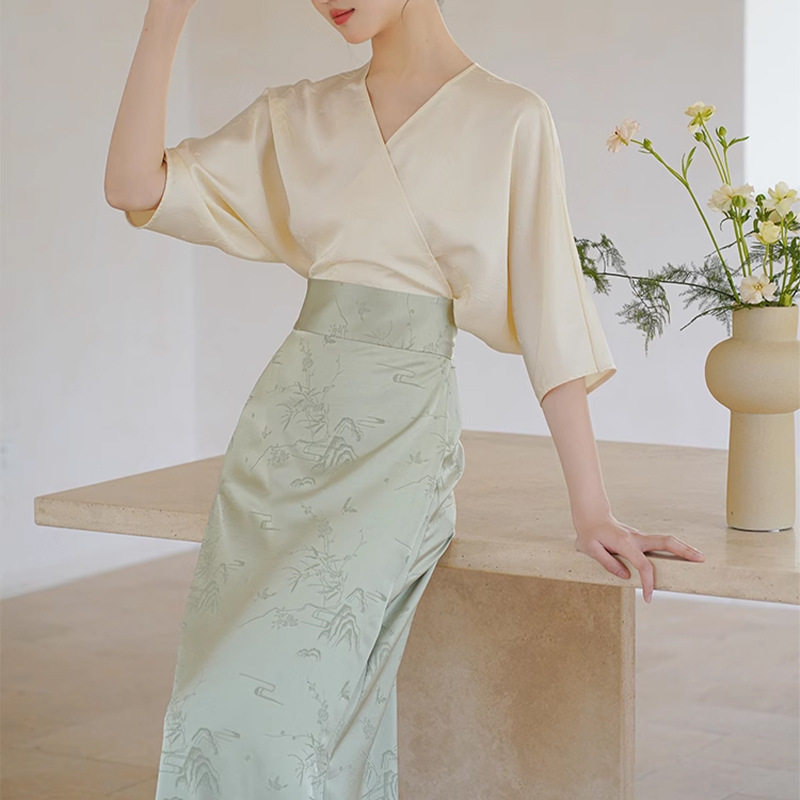 2025夏装新款 新中式轻国风提花撞色拼接改良唐装汉服短袖连衣裙