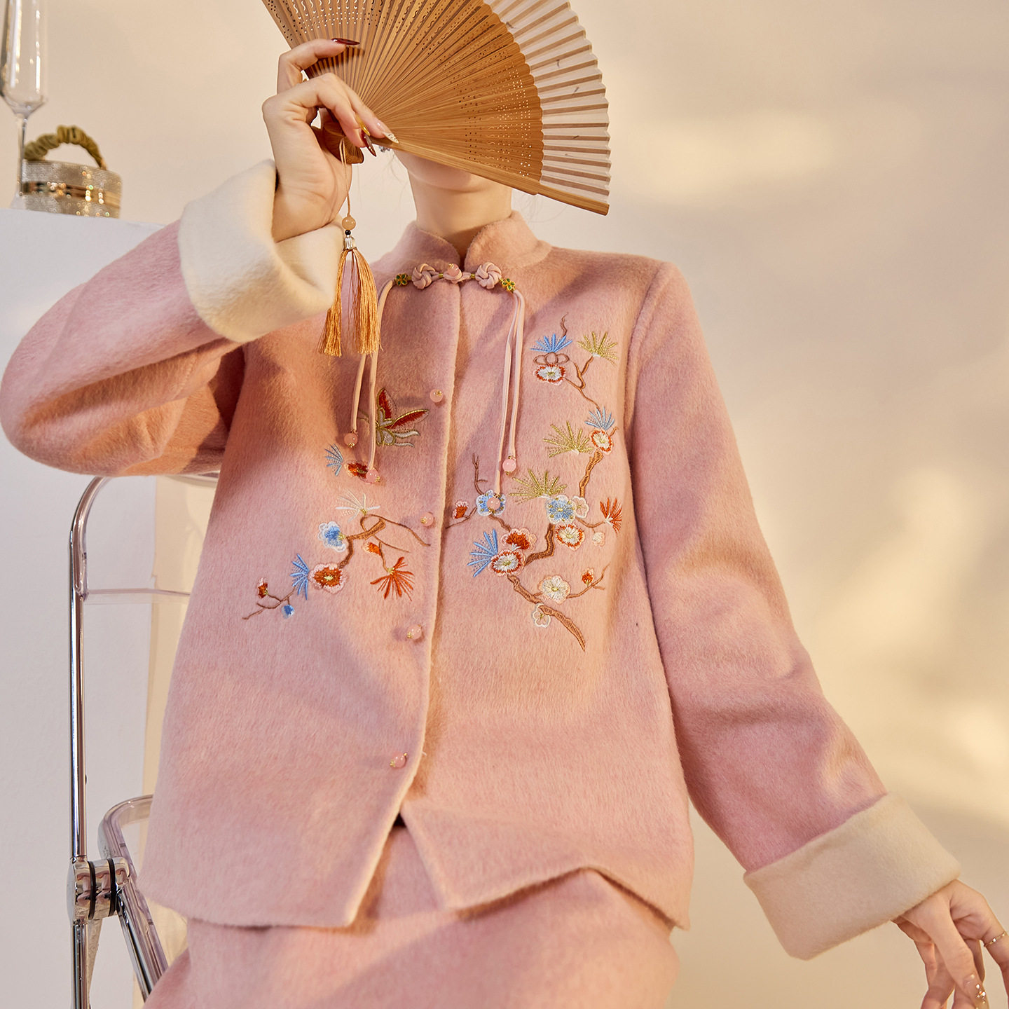 2025冬装新款 轻奢新中式时尚撞色双面穿羊毛外套上衣+半身裙套装