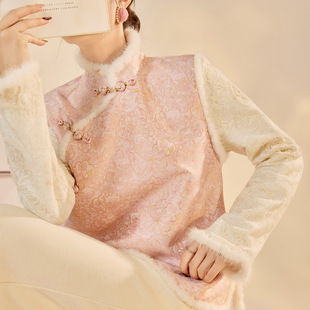 2025秋冬装新款 轻奢新中式国风毛毛边立领盘扣夹棉加厚马甲背心