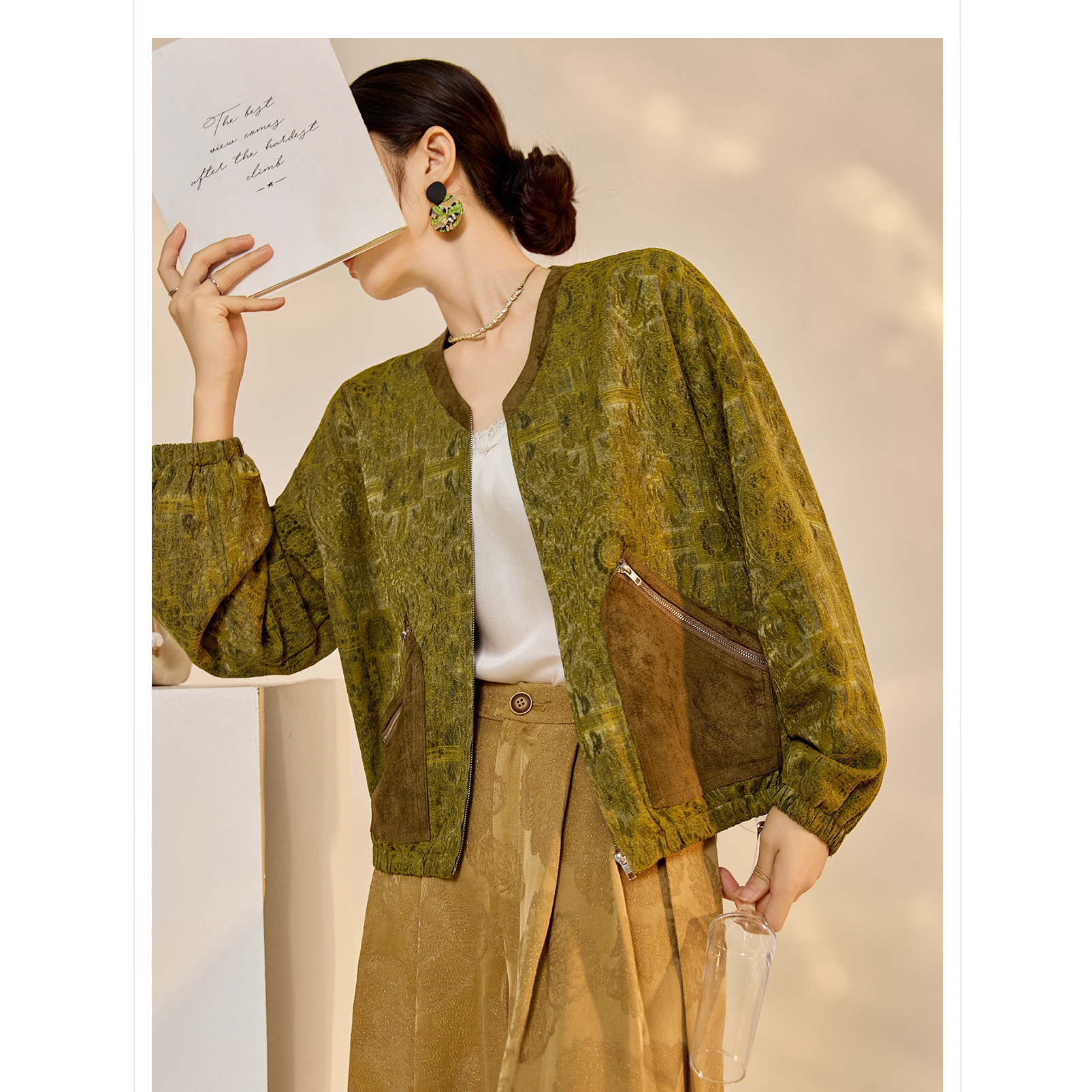 2026春装新款 轻奢新中式复古国风肌理提花拼接麂皮夹克外套上衣