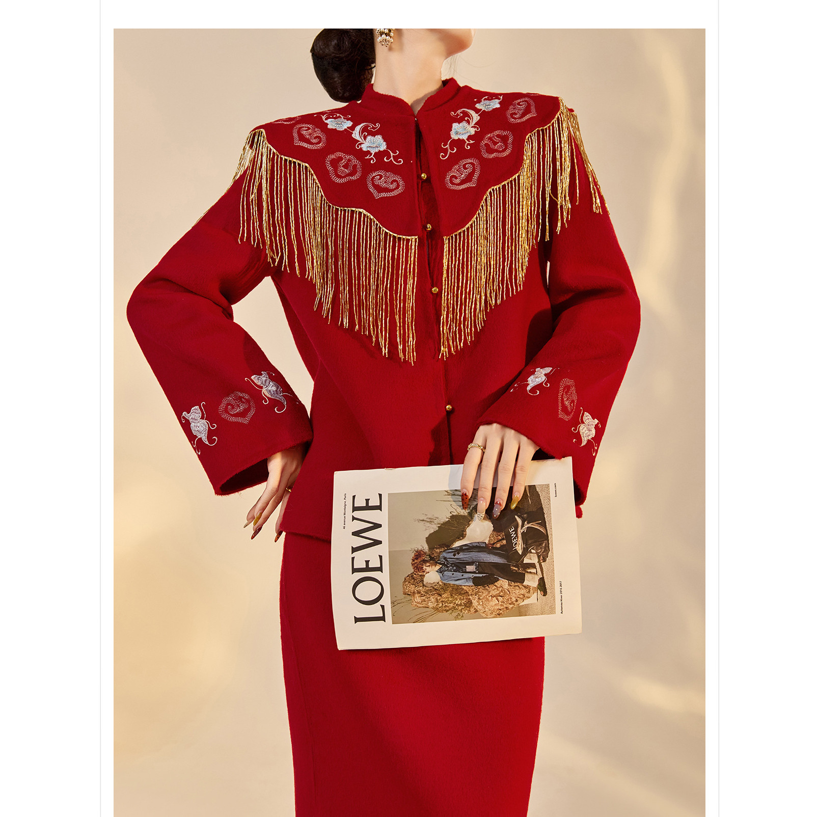 2025冬装新款 轻奢新中式高端云肩红色双面羊毛呢外套半裙套装