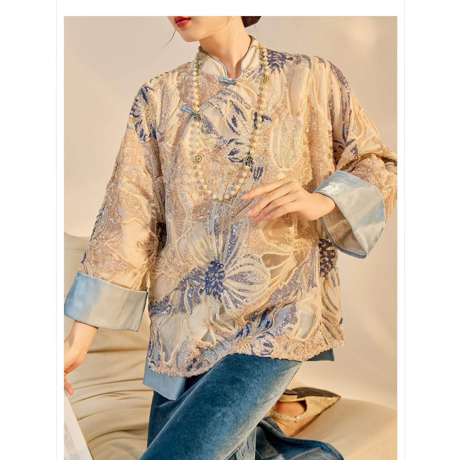 2026春装新款 轻奢新中式国风珠片绣花宽松改良唐装长袖衬衫上衣