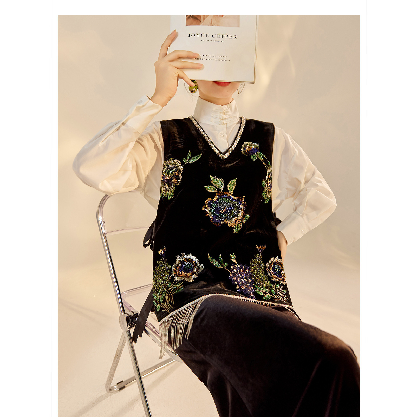 2026春装新款 轻奢新中式重工钉珠绣球花V领流苏桑蚕丝马甲背心