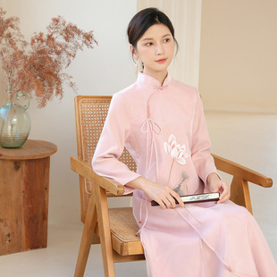 2025春装新款 新中式国风手绘荷花改良旗袍连衣裙长裙 禅茶服