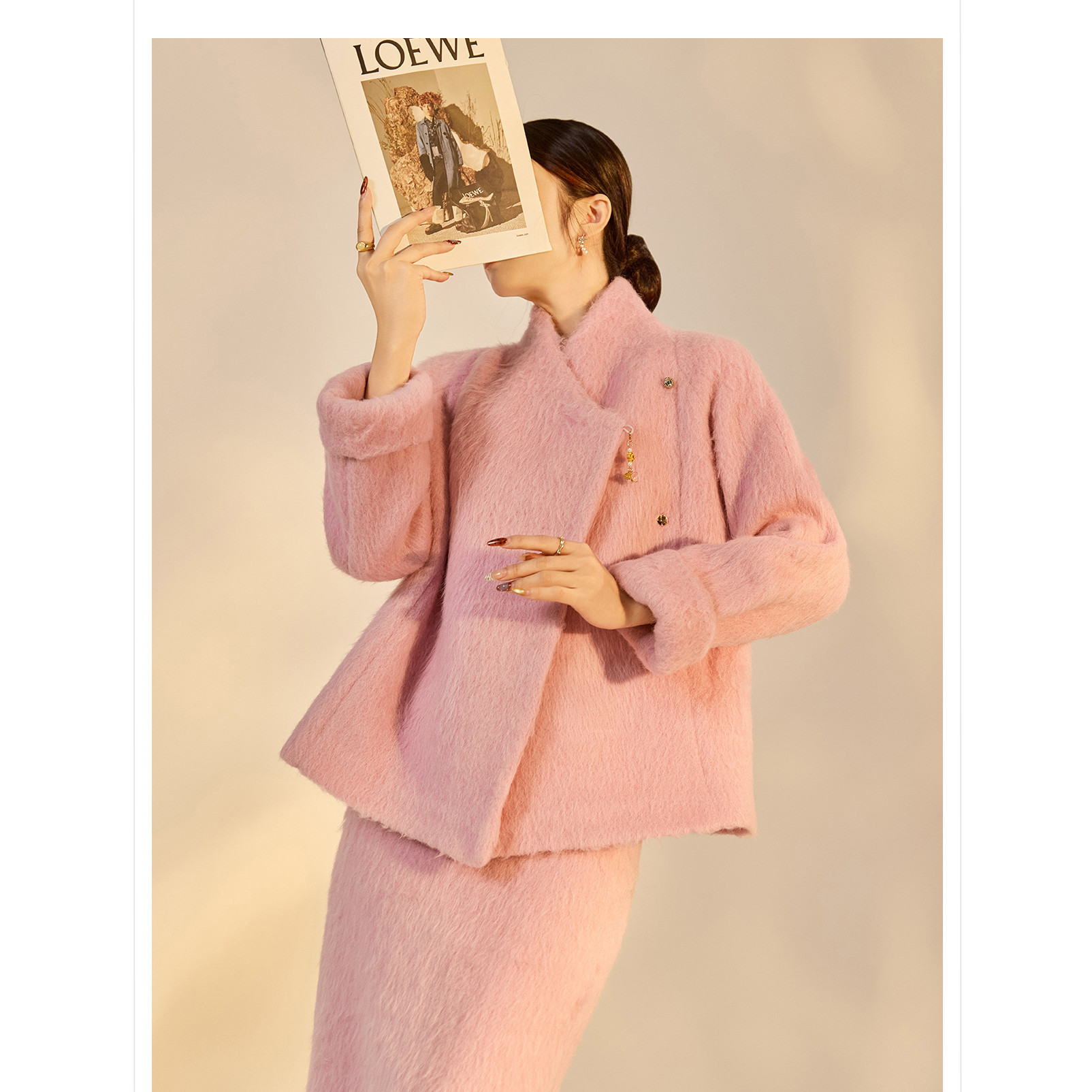 2025冬装新款 轻奢新中式粉色羊毛大衣毛呢外套半身裙套装