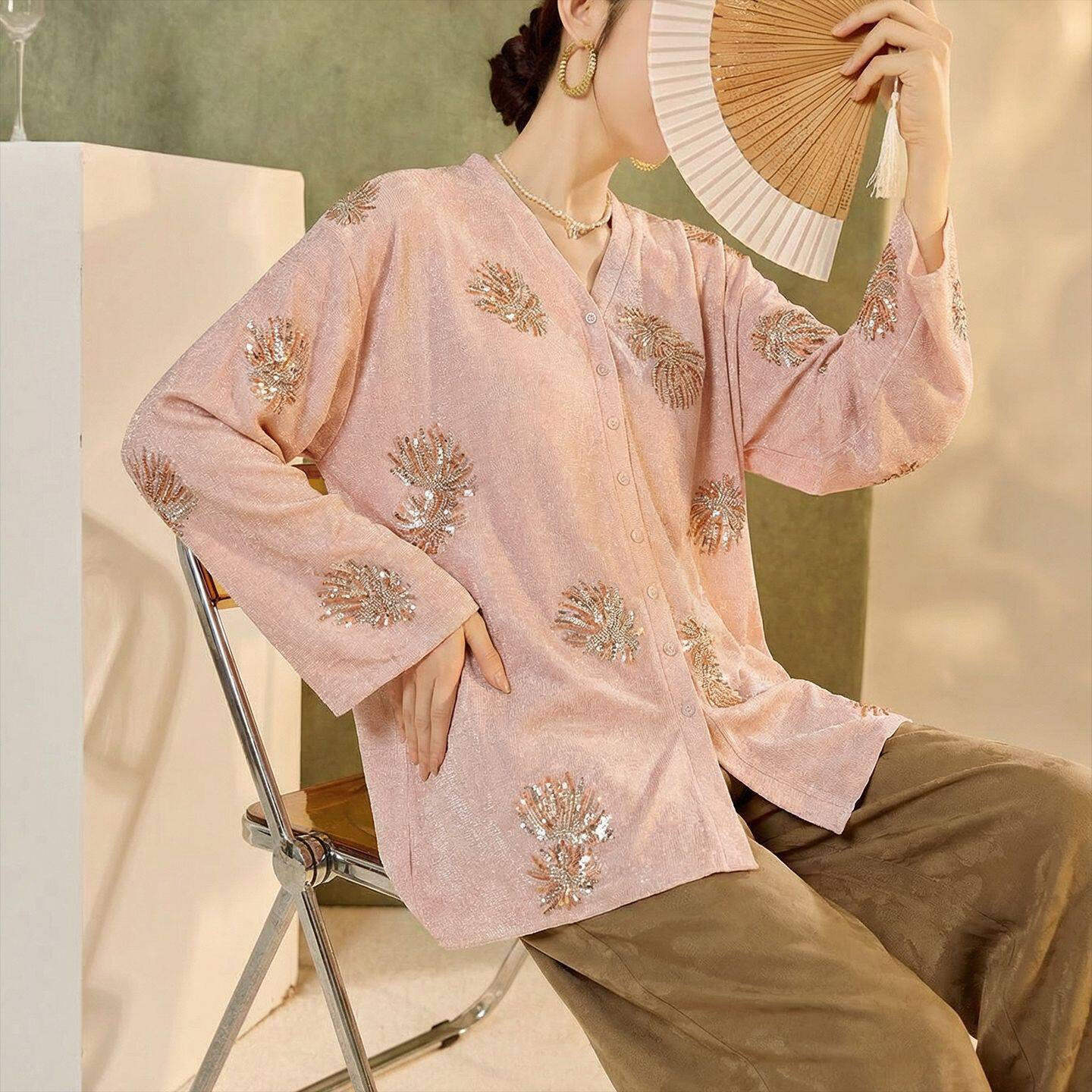 2026春装新款 轻奢新中式国风高端烟花钉珠针织开衫上衣衬衫