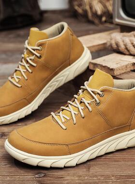休闲皮鞋男士真皮高帮鞋百搭大黄靴新款英伦男鞋工装鞋系带软底
