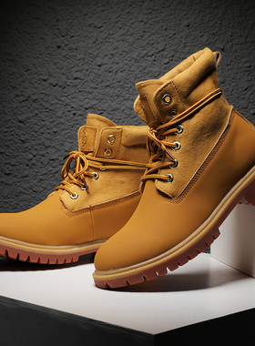 马丁靴男真皮休闲高帮鞋牛皮加绒保暖棉鞋女鞋户外大黄靴情侣工装