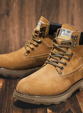 新款工装鞋男真皮户外休闲皮鞋潮流增高大头鞋厚底头层猪皮高帮鞋