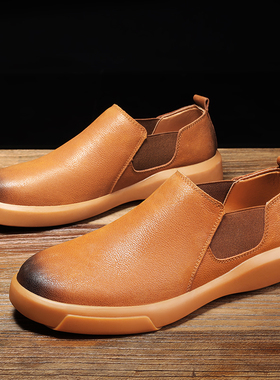 春季新款休闲皮鞋男真皮户外低帮鞋韩版潮流套脚懒人鞋复古大码鞋