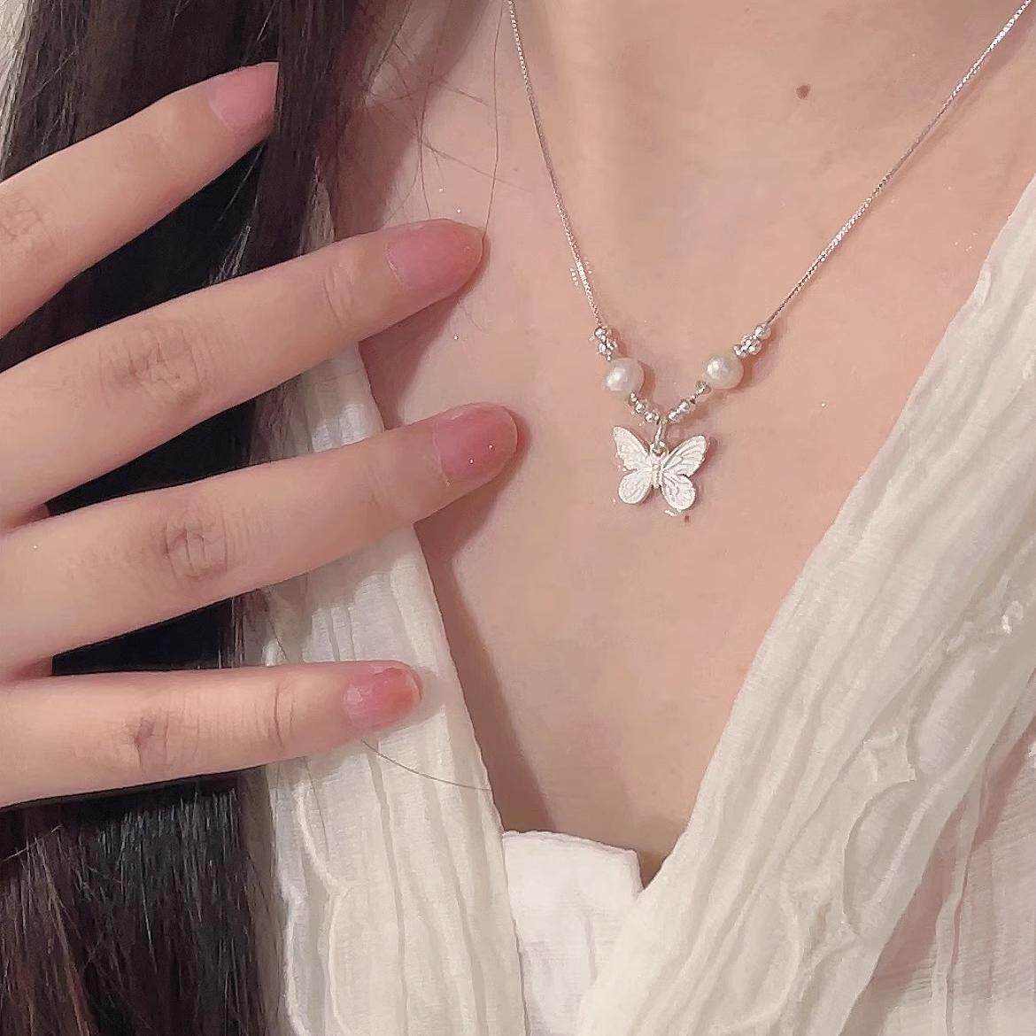 2025新款S999纯银珍珠蝴蝶锁骨项链配饰女轻奢母亲节礼物送妈妈