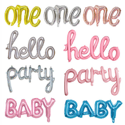 连体手写字母 One  Hello Party 铝膜气球百日宴生日派对婚礼布置