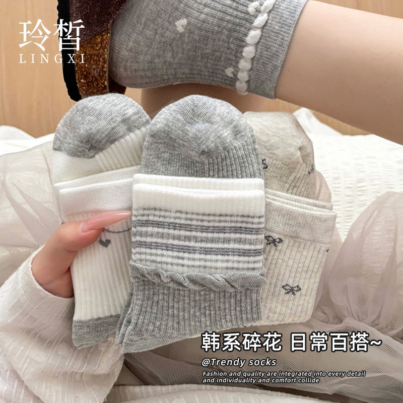 韩系碎花女中筒棉袜透气