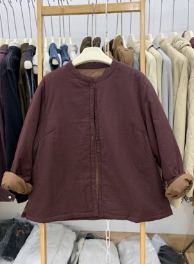 棉服夹棉小袄宽松开衫文艺圆领轻柔冬季复古宽松外套全棉