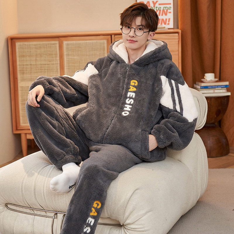 睡衣男士冬季珊瑚绒加厚加绒秋冬款法兰绒卡通青少年学生家居服男