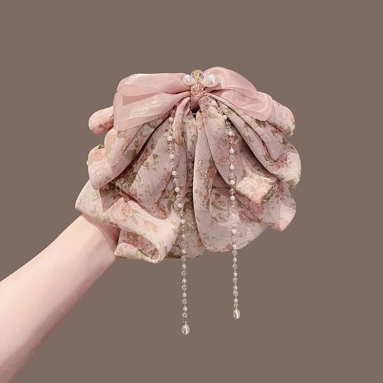 日韓仙女夢幻紫色碎花飄逸大蝴蝶結(jié)掛珠馬尾發(fā)夾子半扎發(fā)發(fā)飾發(fā)卡