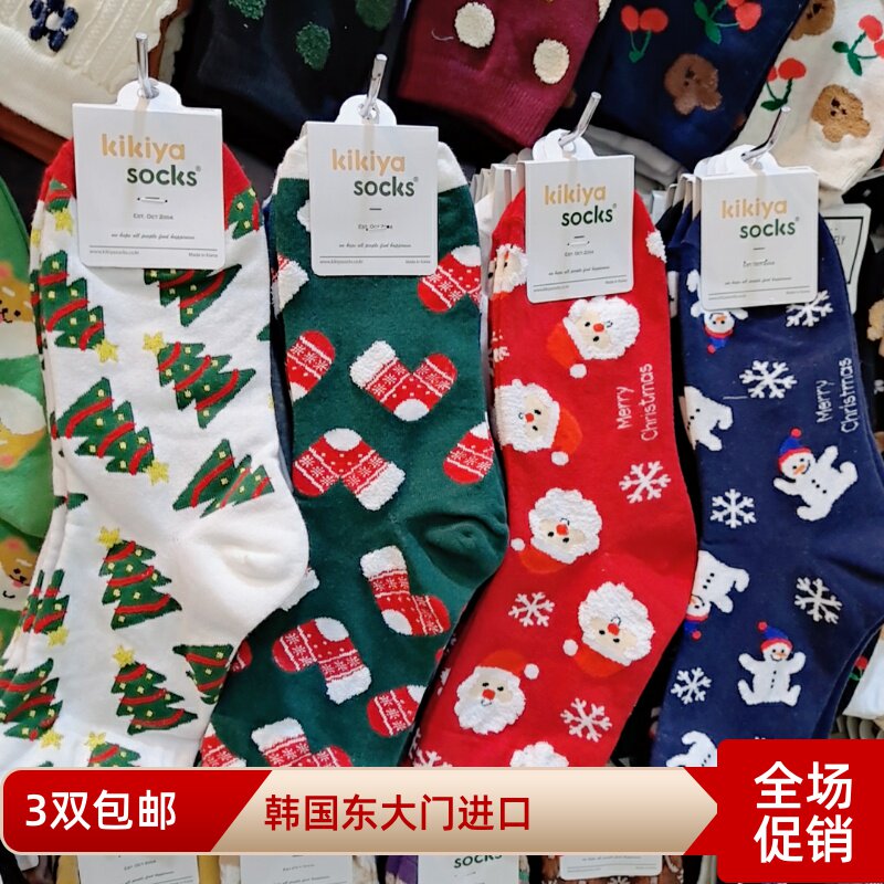 韩国进口kikiyasocks红色圣诞老人中筒棉袜东大门袜子女秋冬