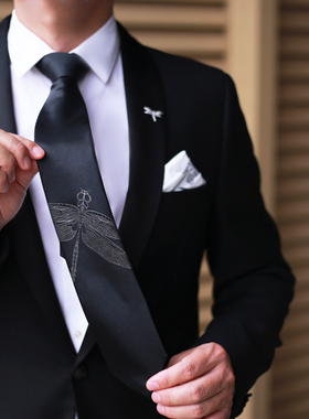 海德公园《蜻蜓》原创提花森系配饰结婚学生新郎高端男士黑色领带
