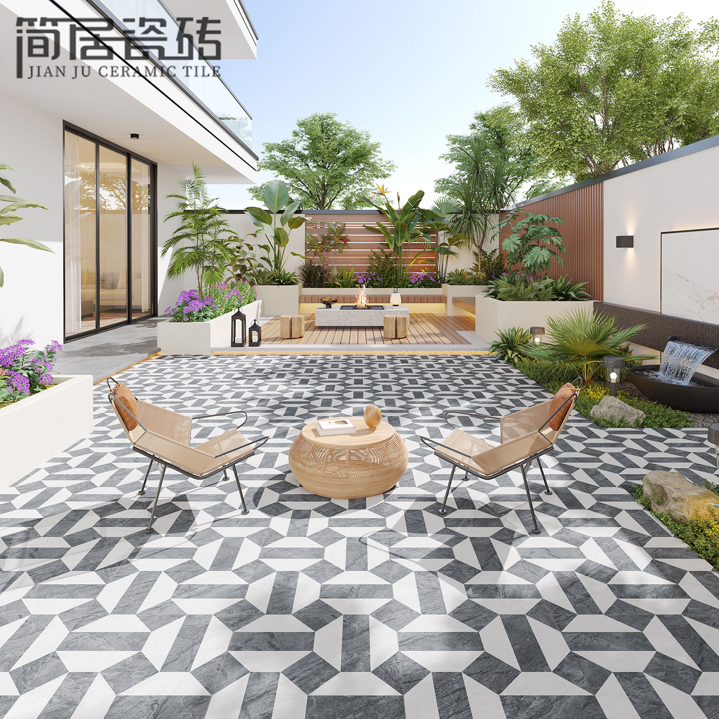 18厚几何拼花花砖室外庭院石英砖地砖 别墅花园户外露台瓷砖600