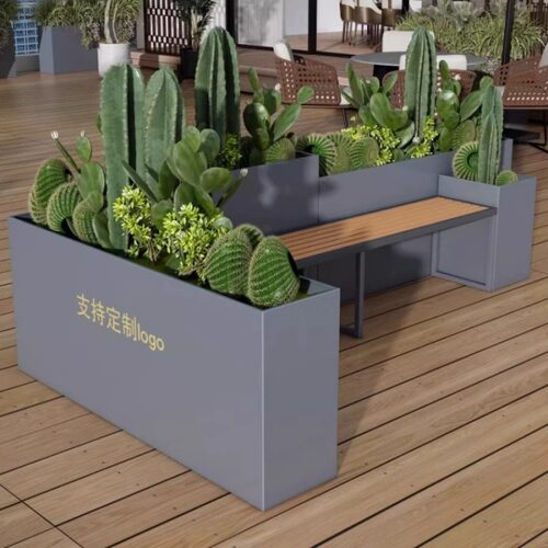 户外不锈钢种植花箱+铁艺坐凳等