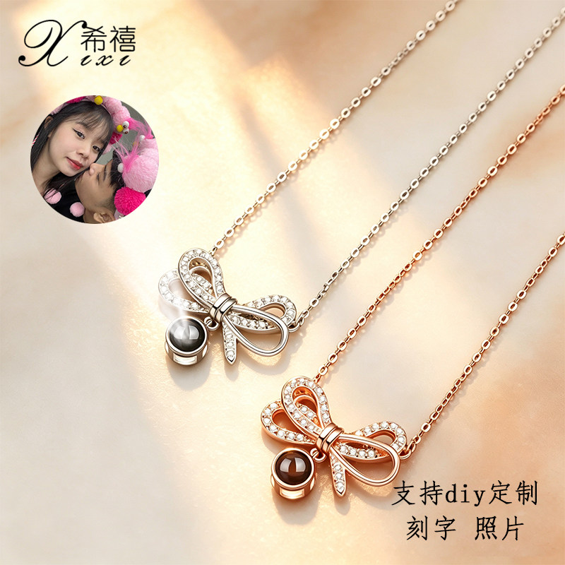 蝴蝶结925银纯银投影项链女