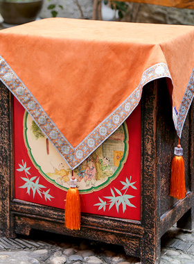 夕子原创设计东南亚系列麂皮绒橙色粉绿80*80小方巾盖布盖巾桌布