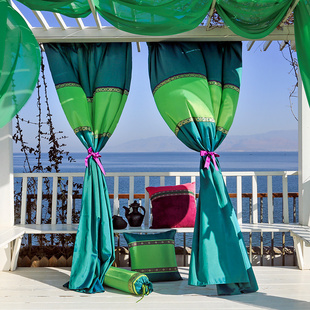 原创设计半遮光印度风情仿塔夫绸花边款窗帘定做墨绿手工拼接成品