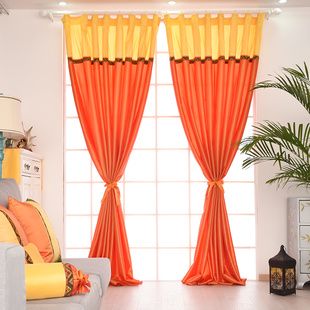 夕子作品集婚庆系列仿塔夫绸半遮光橙色黄色花边拼接田园风格窗帘