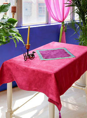 设计师布艺作品集紫色玫红拼接东南亚餐桌茶几麂皮绒圆桌桌布盖布