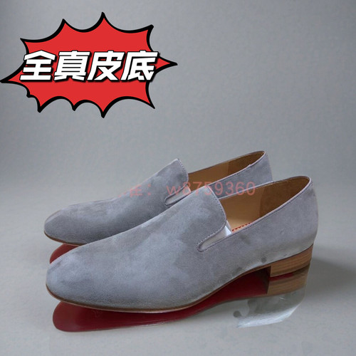 cl andgz红底鞋灰色麂皮套脚乐福皮鞋低跟男鞋商务皮鞋绅士鞋德比