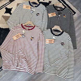 纸袋家秋季卷毛羊刺绣显瘦条纹打底衫1132双纱纯棉洋气长袖T恤