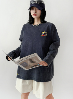 纸袋家宽松街头风长袖中长款开叉T恤女卡通刺绣纯棉毛圈上衣09089