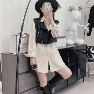 美式时髦设计感机车条纹中长款衬衫皮衣马甲两件套女2024早秋新款