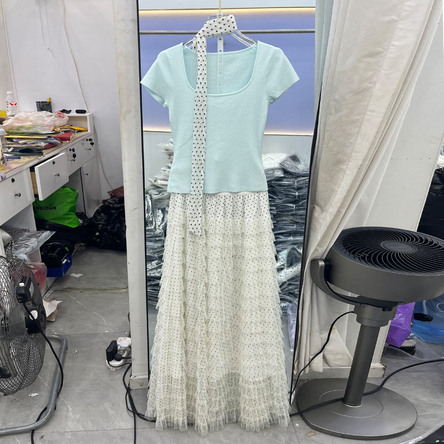波点蛋糕半身裙搭配飘带T衫两件套小仙女夏季新款针织衫一整套裙