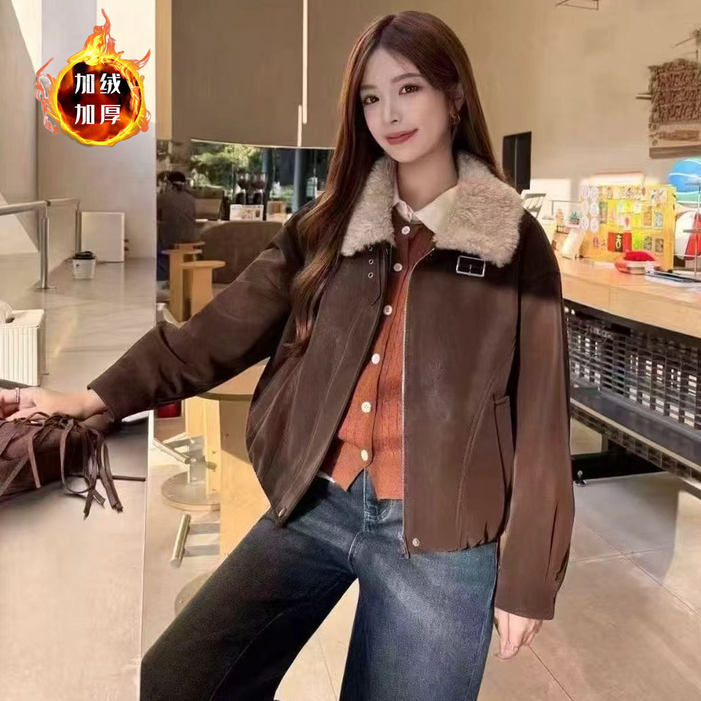 加绒加厚短外套女2025冬季新款时尚百搭小个子防鹿皮绒保暖夹克潮