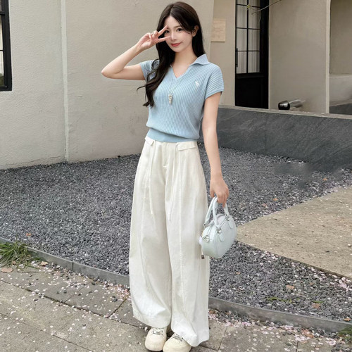 POLO领针织阔腿裤两件套女夏季